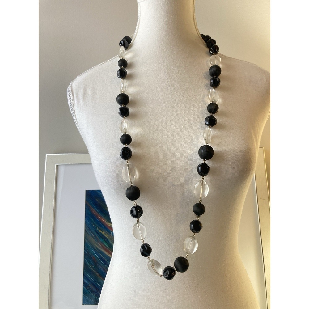 Black & Clear Beaded Long Necklace Acrylic Matte Glossy‎ Modern Statement Bold